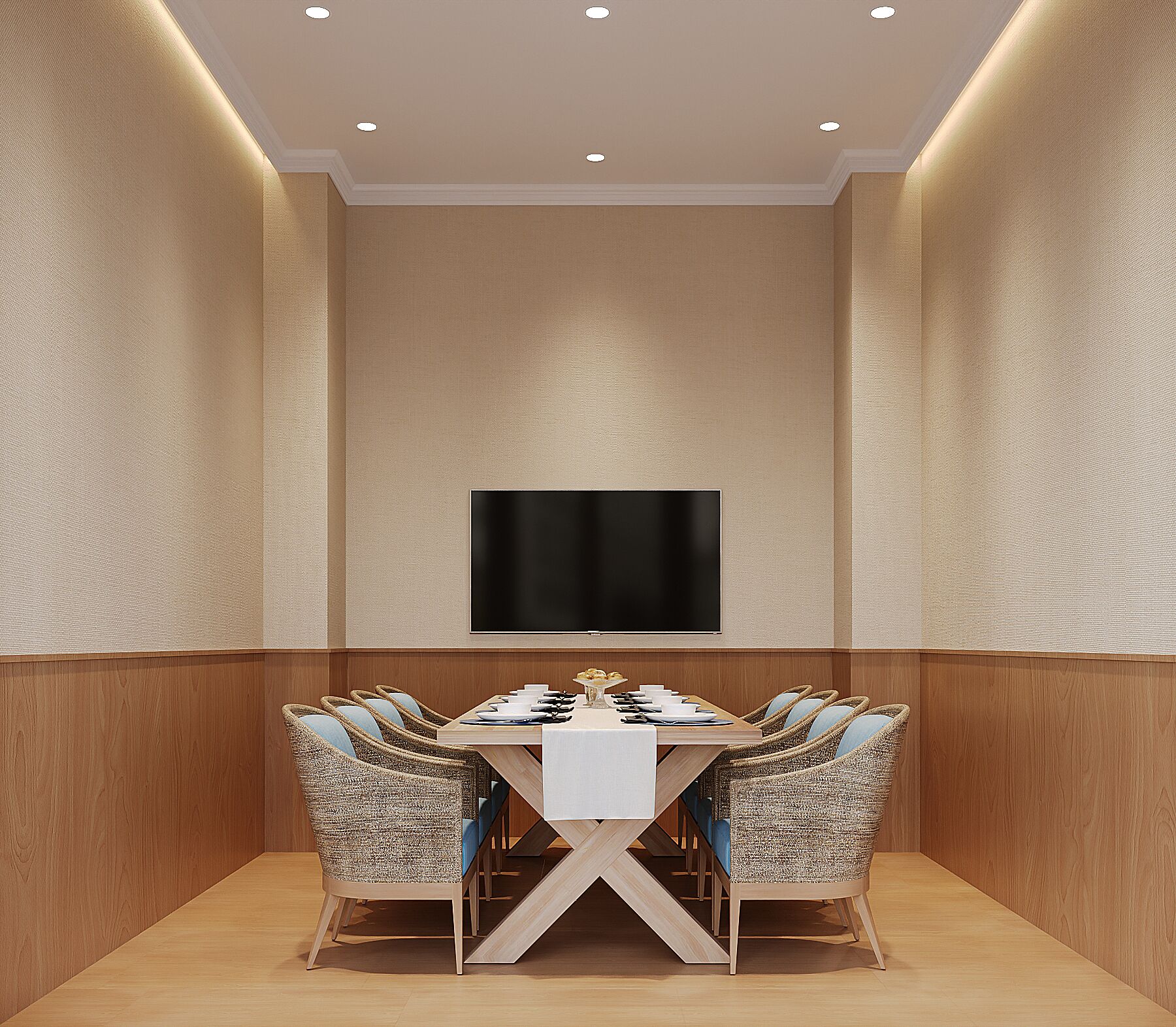 A conference room with a long table, wicker chairs, a flat-screen TV, and wooden panel walls.