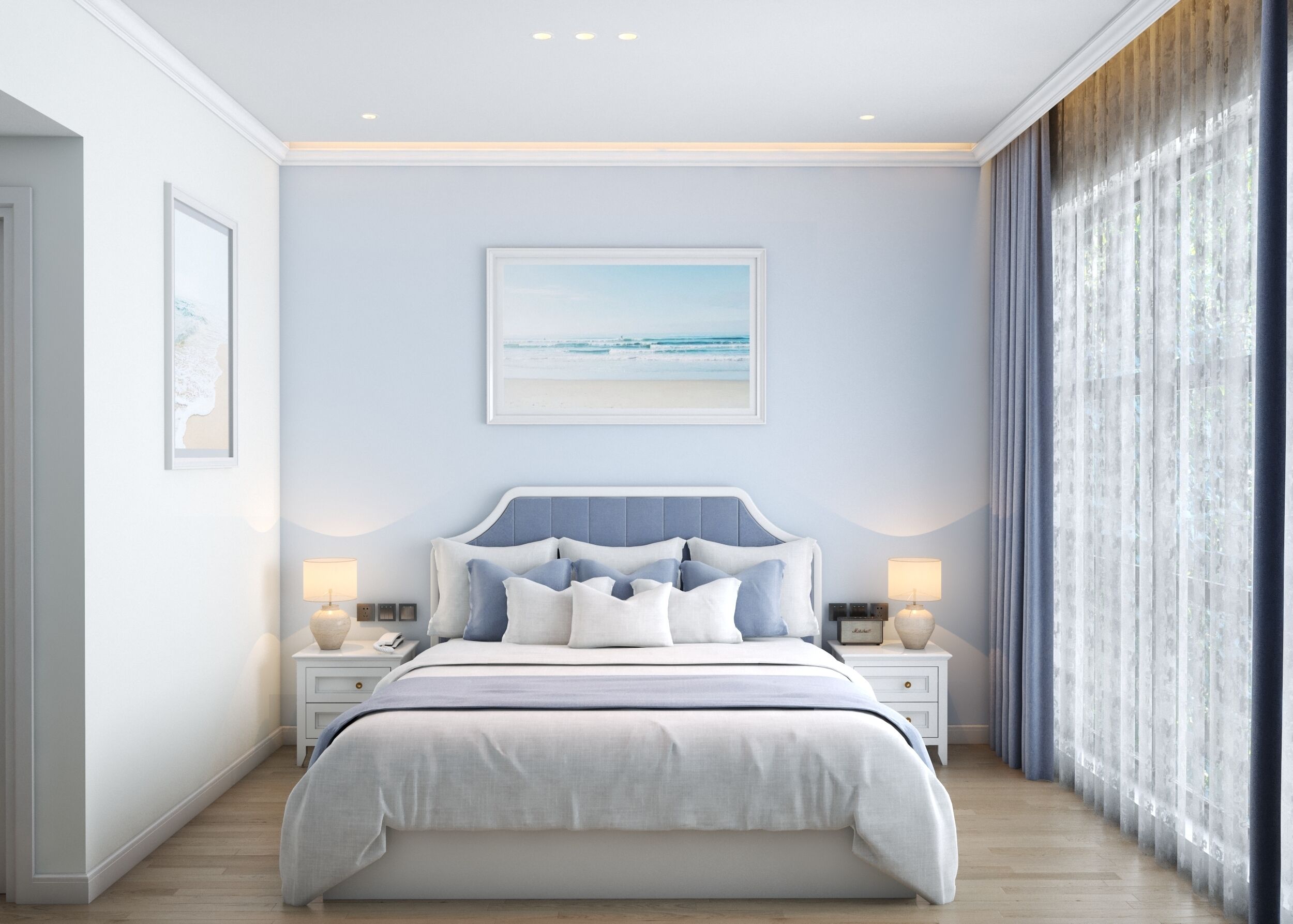 Une chambre moderne avec un grand lit, des lampes de chevet, un tableau encadré au mur et une vue à travers des rideaux légers.