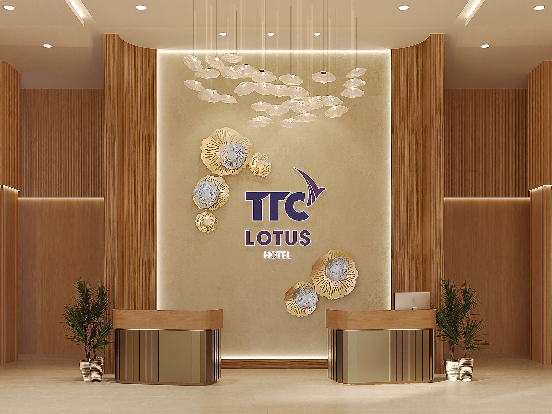 A hotel reception area with a modern design, featuring a large wall-mounted sign for TTC Lotus Hotel, two reception desks, and decorative wall art.