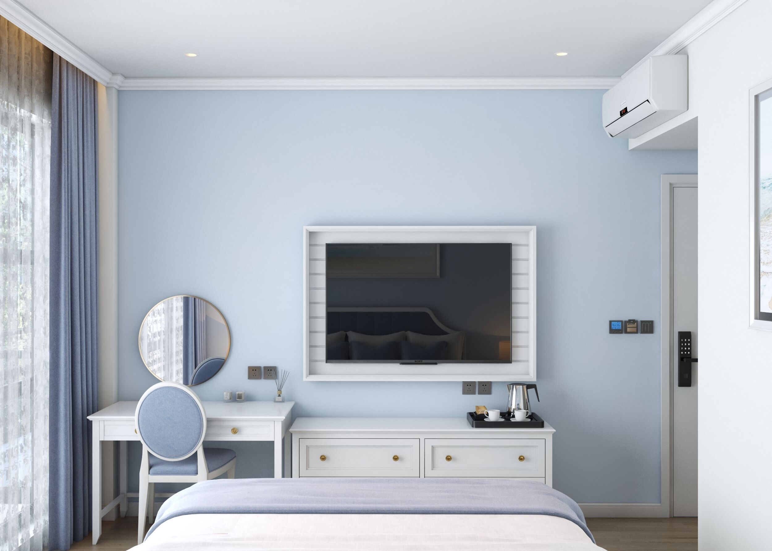 Une chambre moderne équipée d’un lit, d’un bureau, d’une chaise, d’un grand miroir, d’un téléviseur à écran plat et d’un appareil de climatisation.