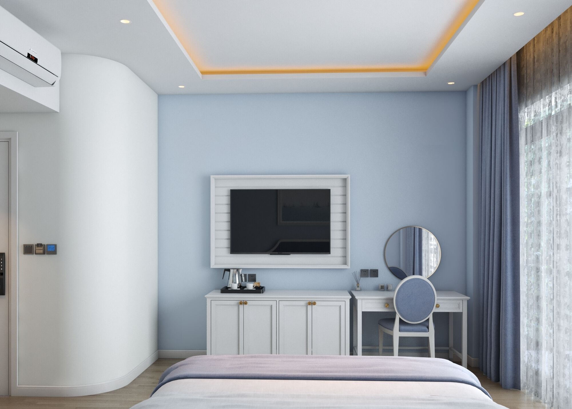 Un dormitorio moderno con cama, tocador con espejo, televisor e iluminación empotrada en el techo.