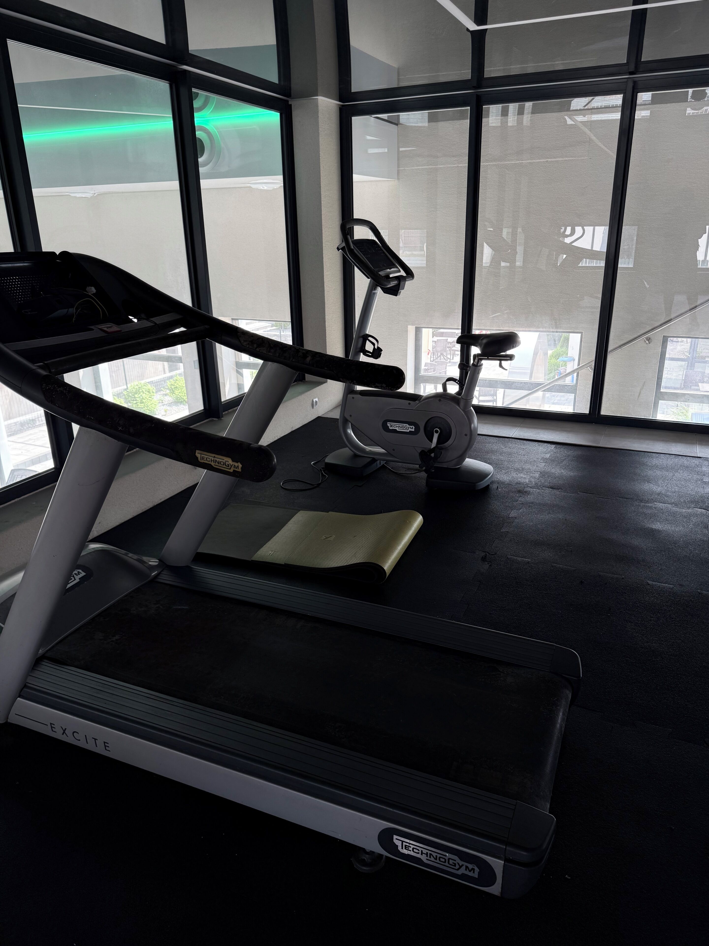 Ein Fitnessraum mit Laufband, Crosstrainer und Trainingsmatte.
