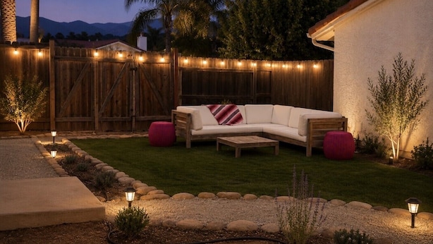 Un jardin avec une clôture en bois, un canapé blanc et un pouf rouge.