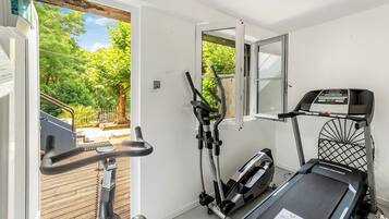 A home gym with an elliptical, a stationary bike, and a treadmill, with a view of a garden through a glass door.