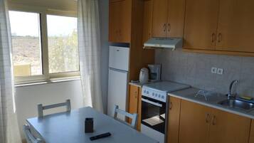 Ett kompakt kök med träskåp, en vit bänkskiva, en spis och ett fönster med gardiner.