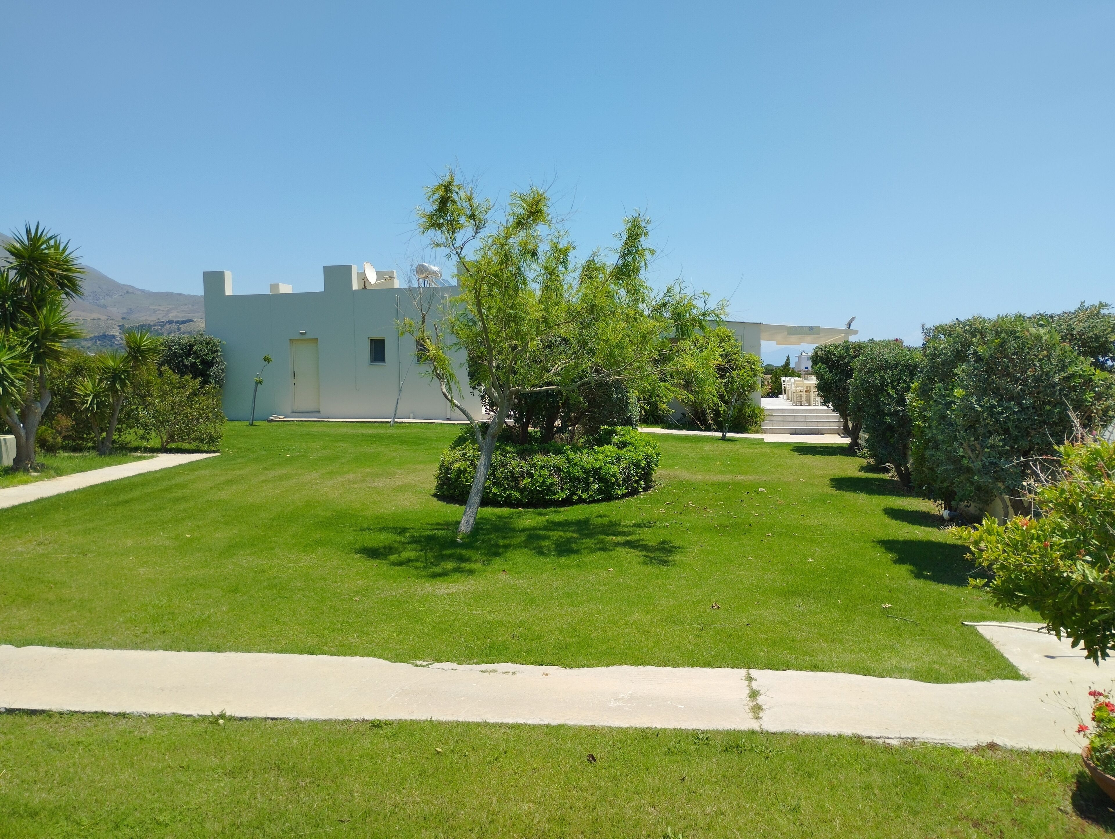A well-maintained lawn with a pathway leading to a building.