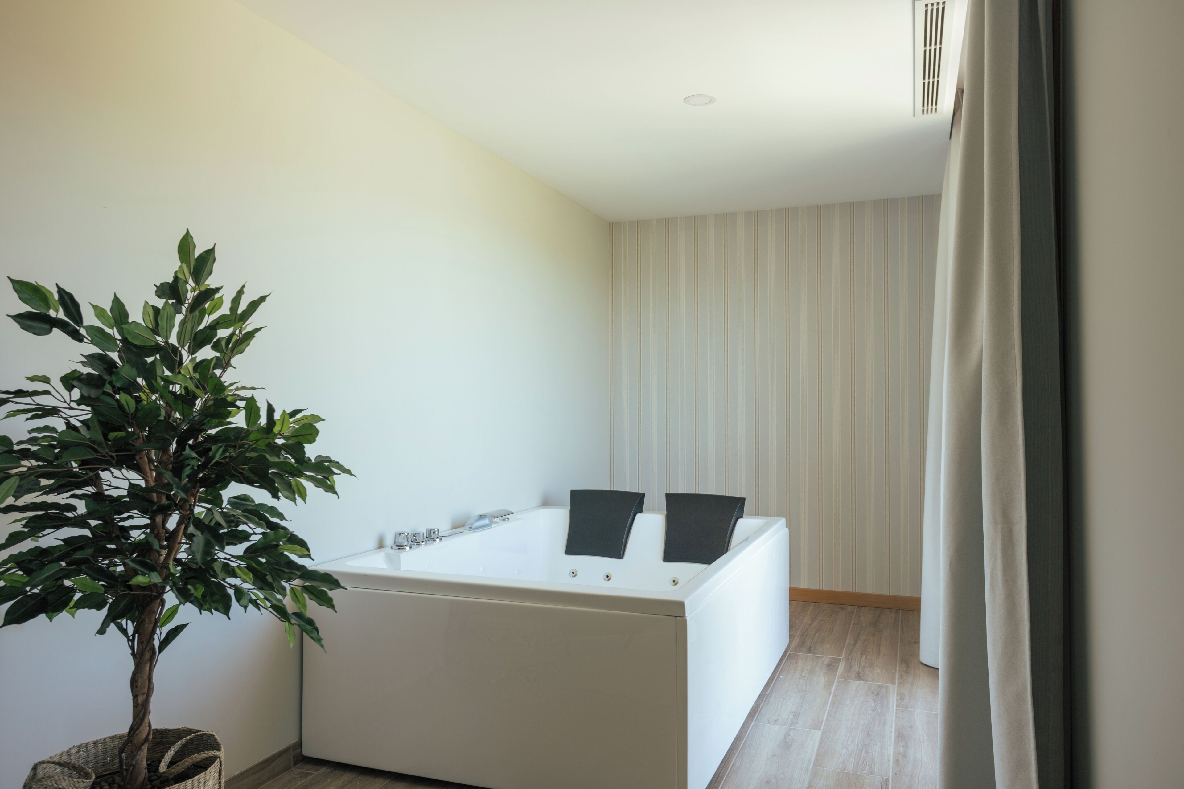 A modern bathroom with a bathtub, a potted plant, and a striped wall.