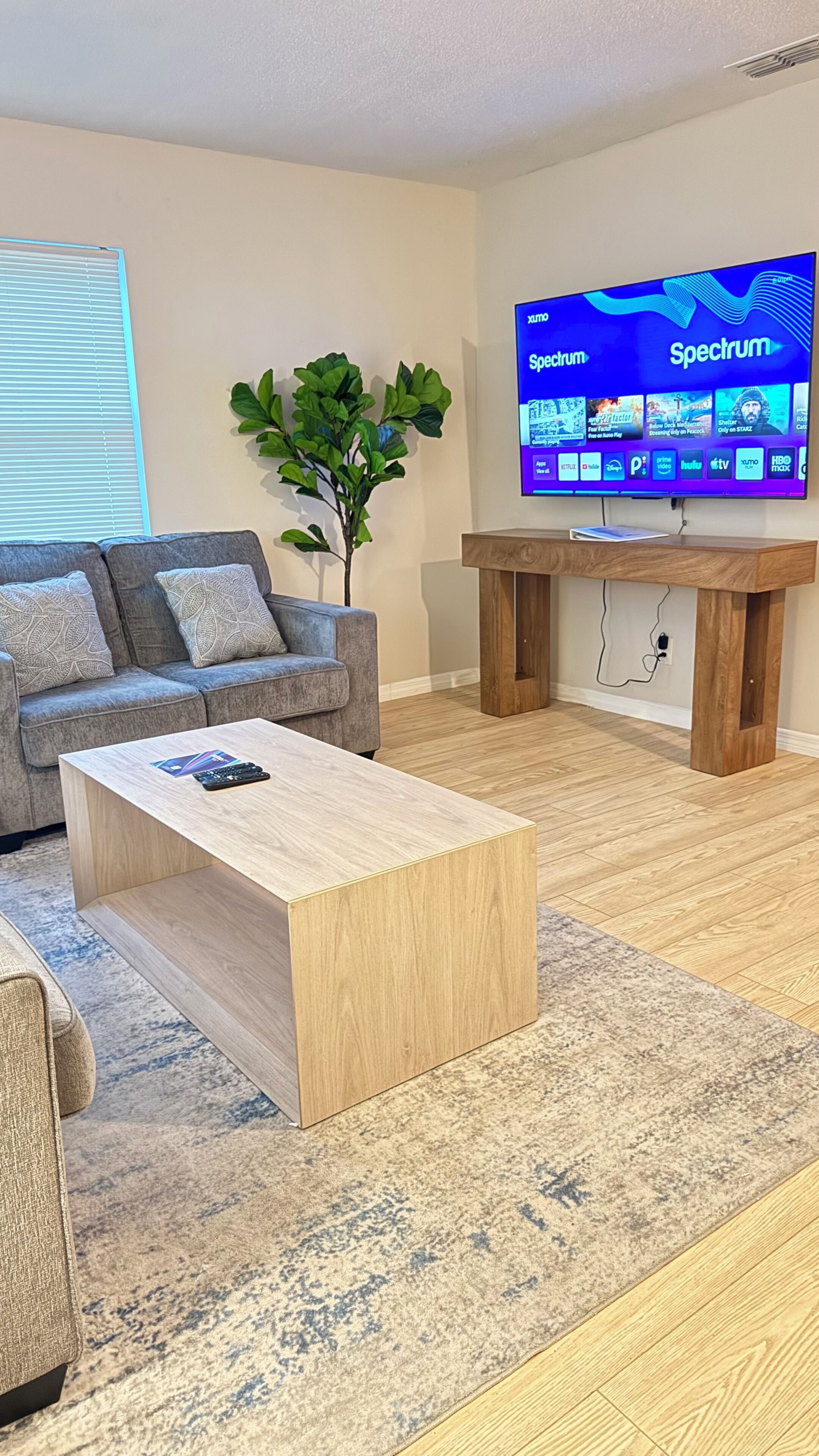Un salon avec un téléviseur à écran plat affichant l’interface d’un service de diffusion en continu, un canapé gris, une table basse en bois et une plante en pot.