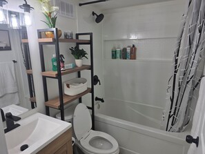 Hair dryer, towels, soap, shampoo
