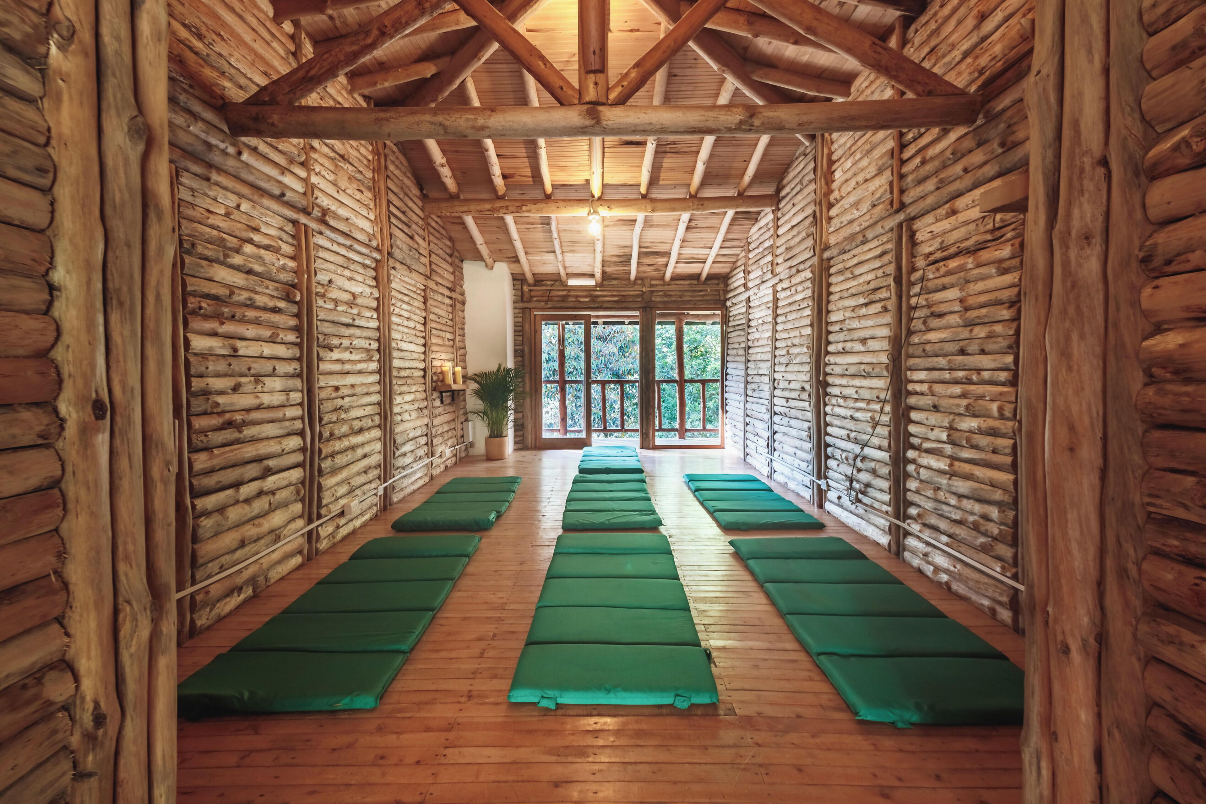 A log cabin interior with a wooden floor, green mats, and a view through a glass door.