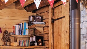 Ein gemütliches Blockhaus-Interieur mit Kaminofen, Bücherregalen und einem Fernseher.