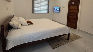 Ein Schlafzimmer mit Bett, Deckenventilator, Fernseher und einer Holztür.