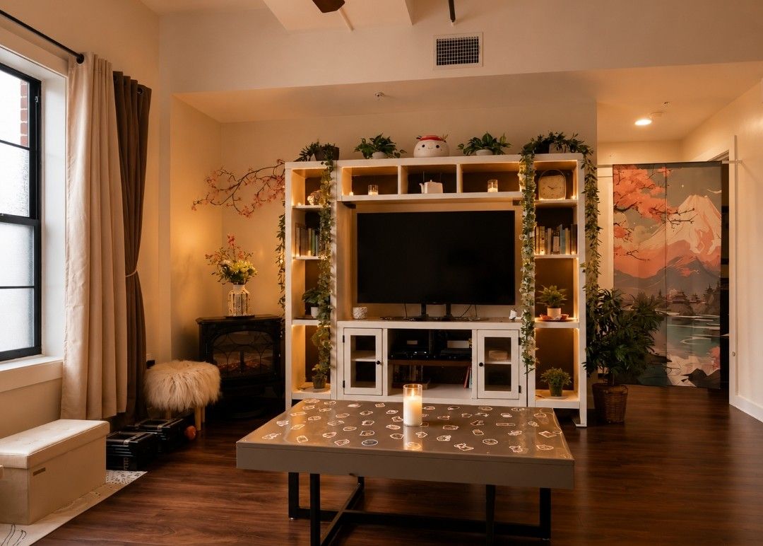 A living room with a TV, wooden cabinets, a table with a candle, and a large window with curtains.