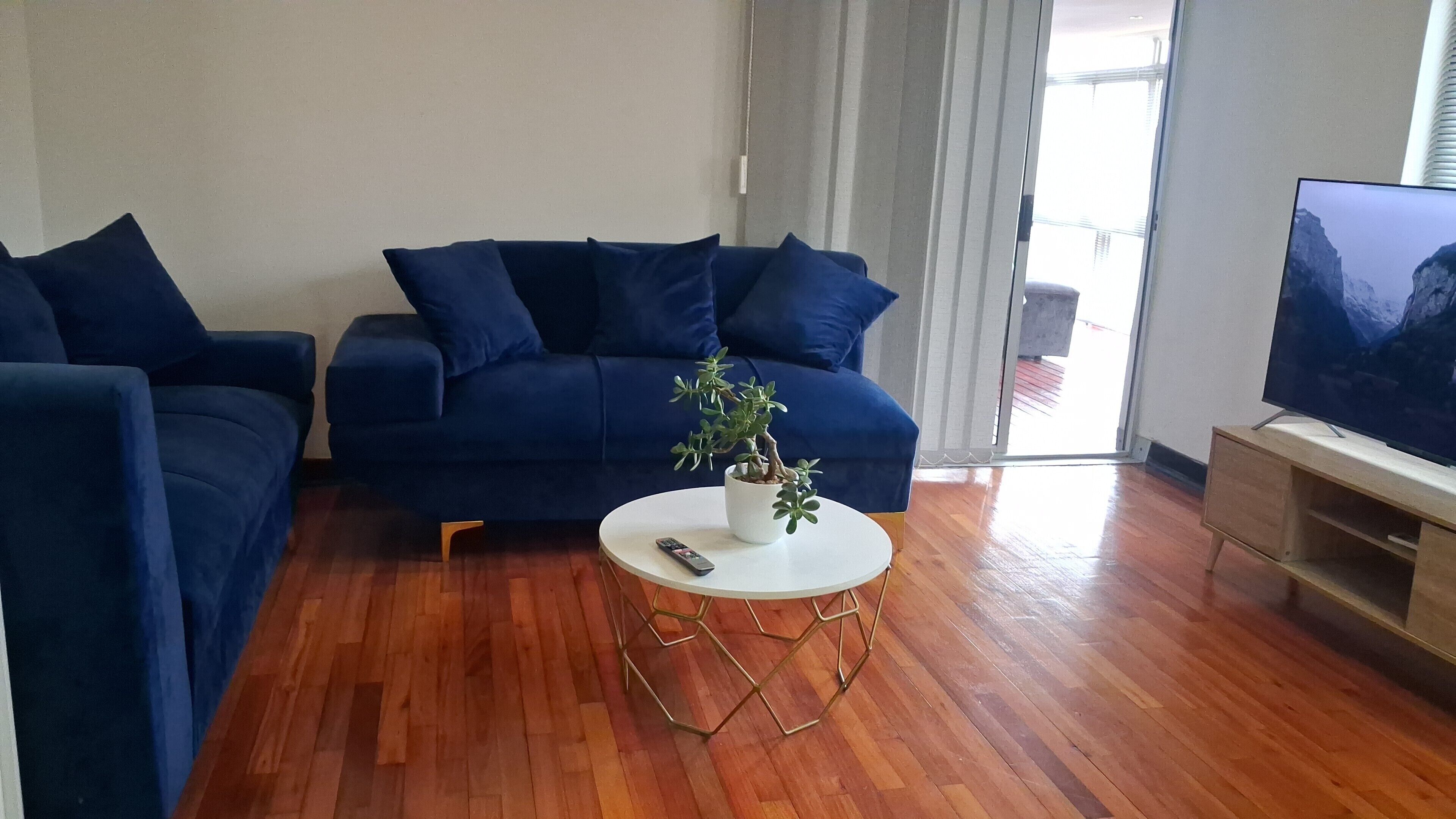 Un salon avec un canapé bleu, une table basse blanche ornée d’une plante et un téléviseur posé sur un meuble en bois.