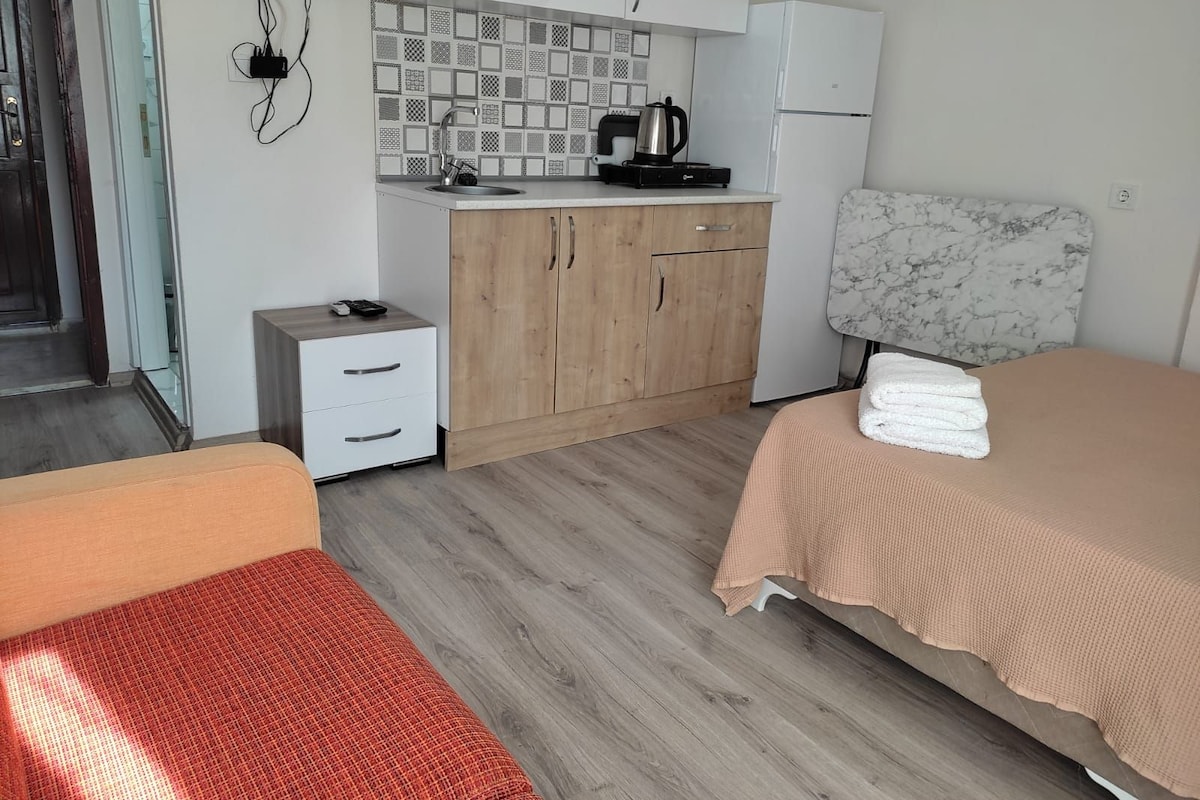 Estudio clásico, balcón, vista a la ciudad | Cocineta privada | Utensilios de cocina 