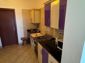 Una cocina compacta con estufa, pileta y alacenas.