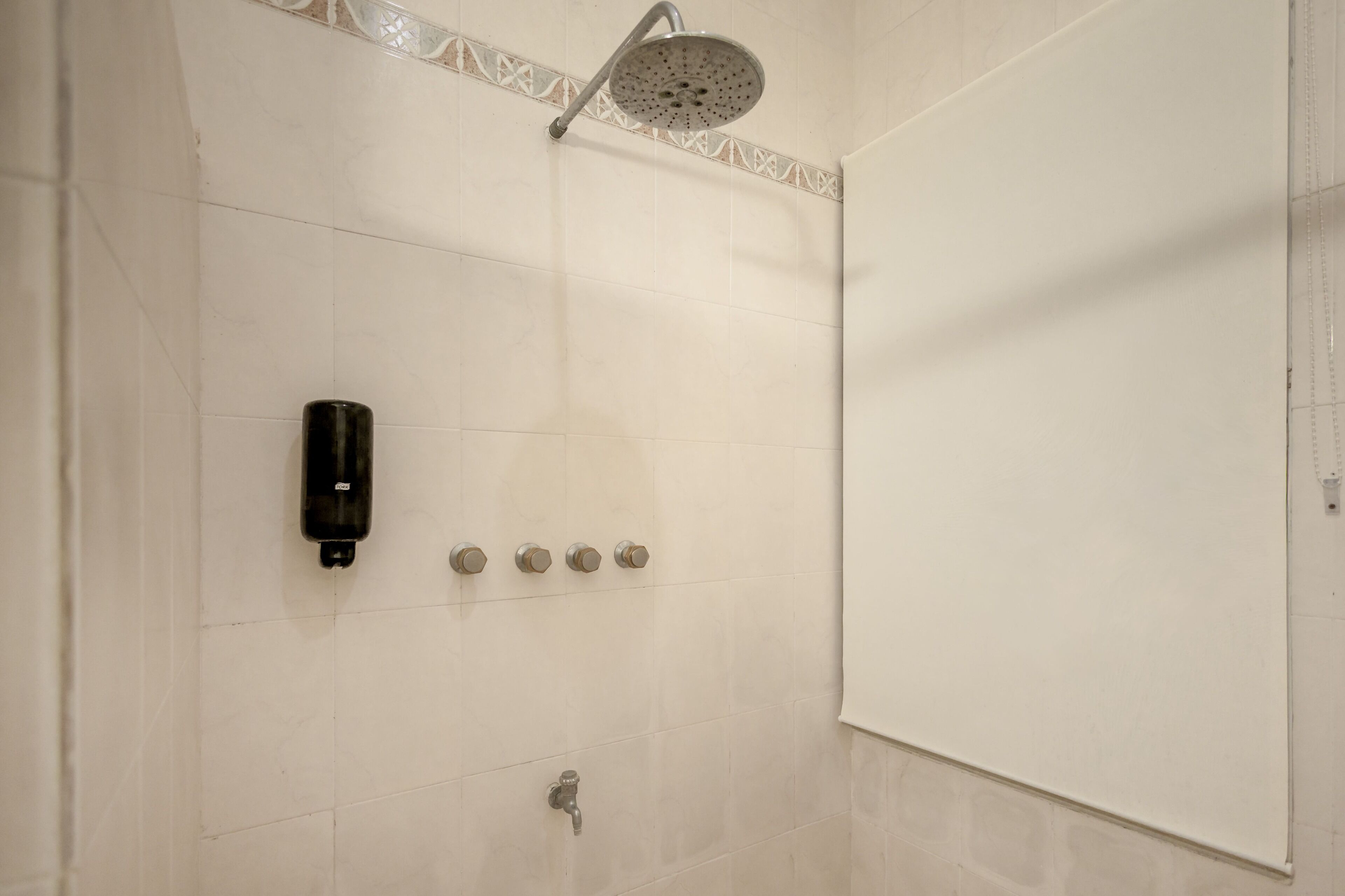 Une douche équipée d’un pommeau de douche à main, d’un distributeur de savon et d’un robinet mural.