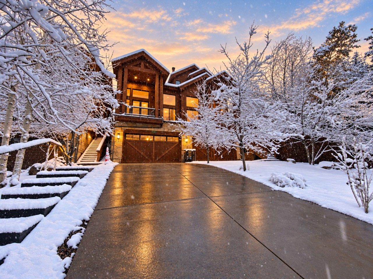 A wooden house with a garage, surrounded by snow-covered trees and a snow-covered driveway.