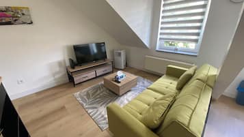 A modern living room with a sofa, a TV, and a radiator.