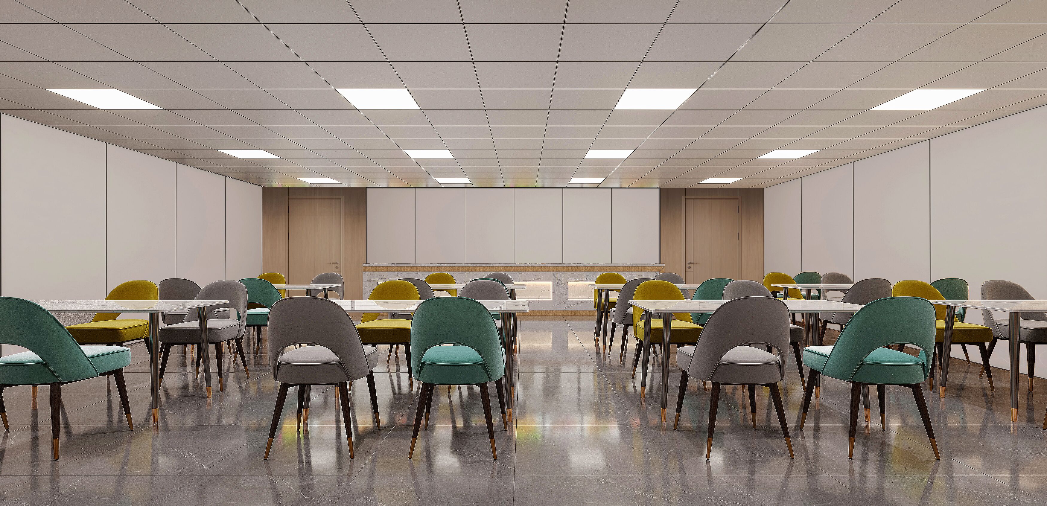 A conference room with tables and chairs, a whiteboard, and a wooden panel wall.