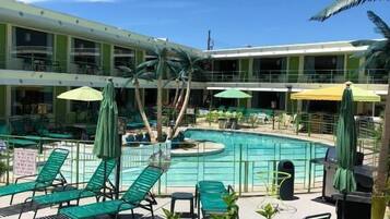 Seasonal outdoor pool, pool umbrellas, pool loungers