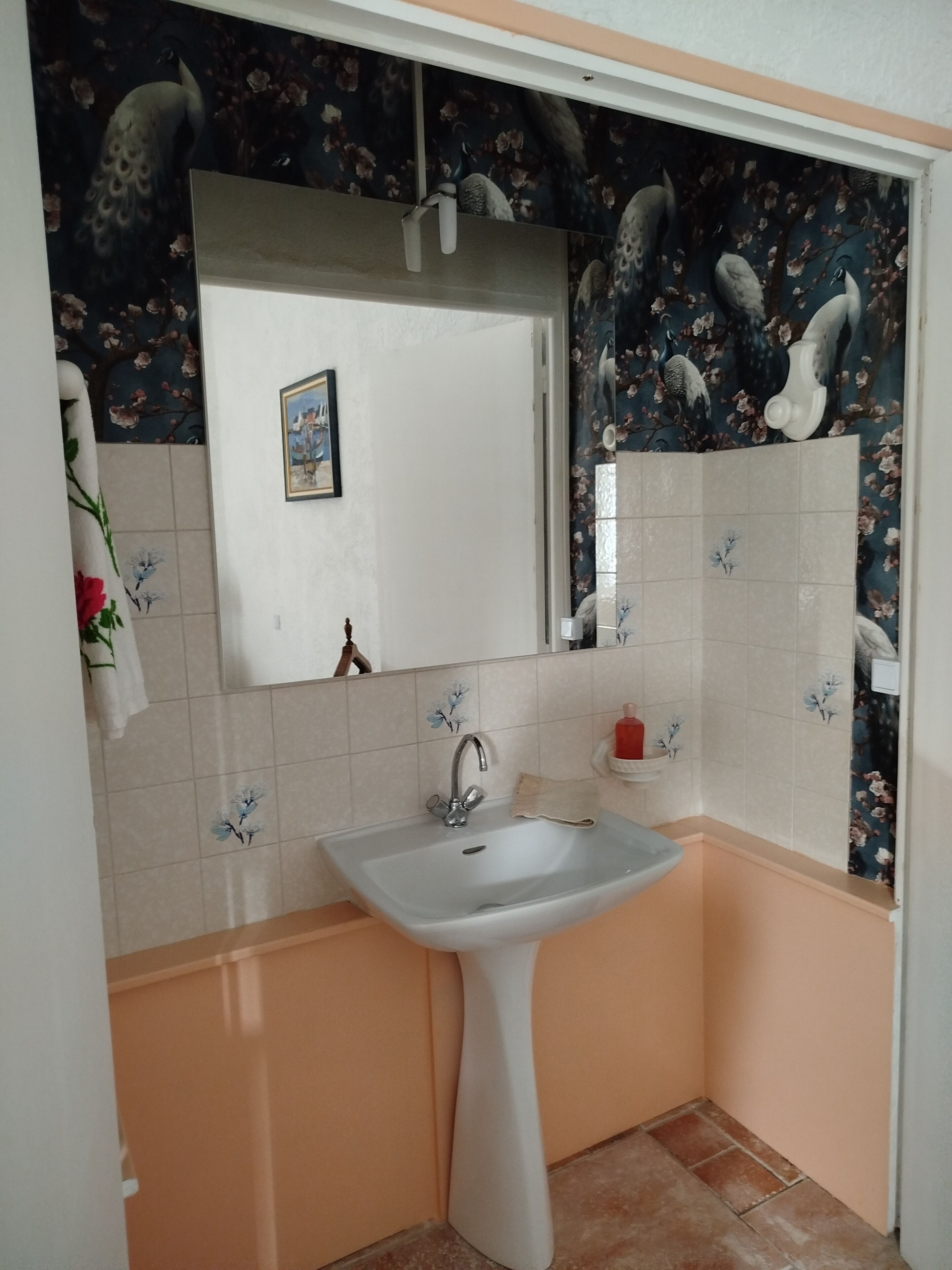 Une salle de bain avec un lavabo, un miroir et un papier peint à motifs floraux.