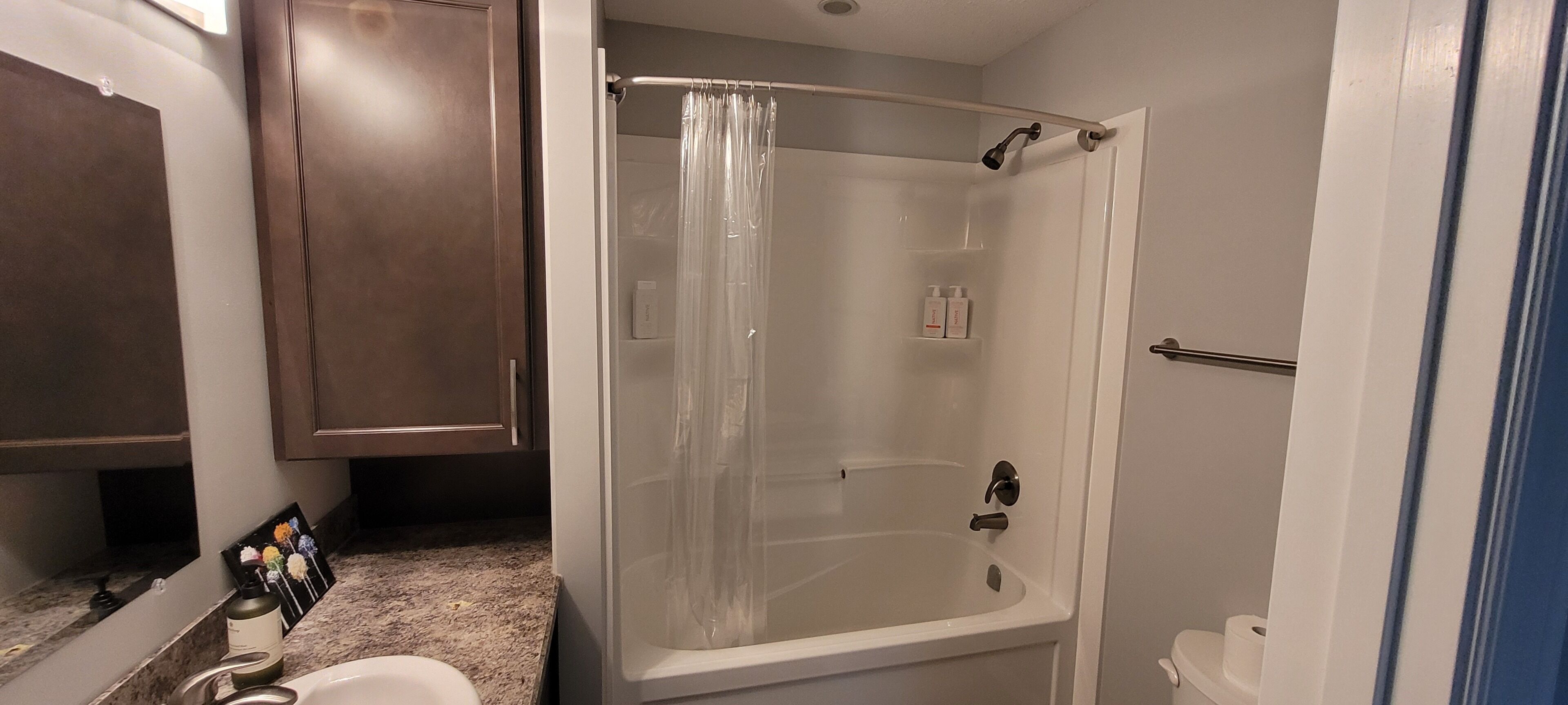 Hair dryer, towels, soap, shampoo