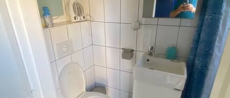 A small bathroom with a toilet, sink, and a mirror.