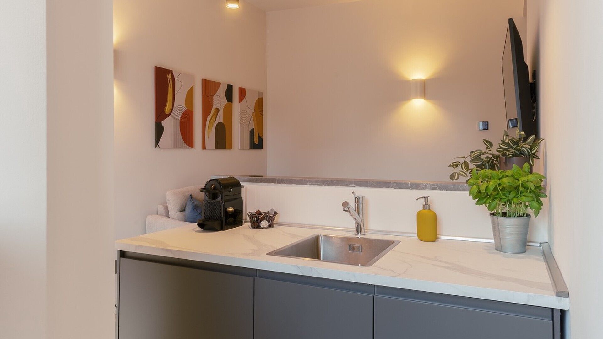 A modern kitchen with a sink, countertop, and cabinets. There are wall-mounted lights and a potted plant.