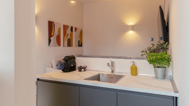 Een moderne keuken met een spoelbak, aanrecht en kasten. Er zijn wandlampen en een potplant.