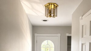 En gang med en hvid dør, trægulv, gråt tæppe og en lampe i loftet.
