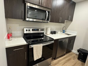 A modern kitchen with stainless steel appliances, a double oven, a microwave, and dark wood cabinets. - Newly Finished Lookout Secondary Suite (Calgary)