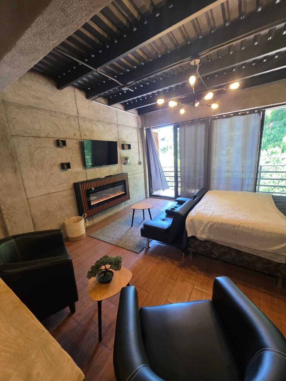 Una habitación moderna con chimenea, un sofá, una cama y un televisor.