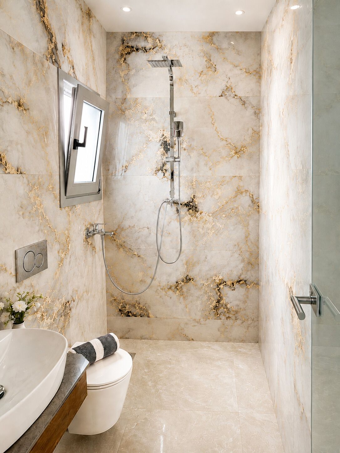 A modern bathroom with a marble wall, a shower, a toilet, and a sink with a towel.