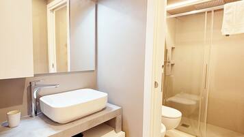 Shower, hair dryer, bidet, towels