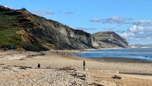 Une plage rocheuse, bordée de falaises, sous un ciel dégagé.