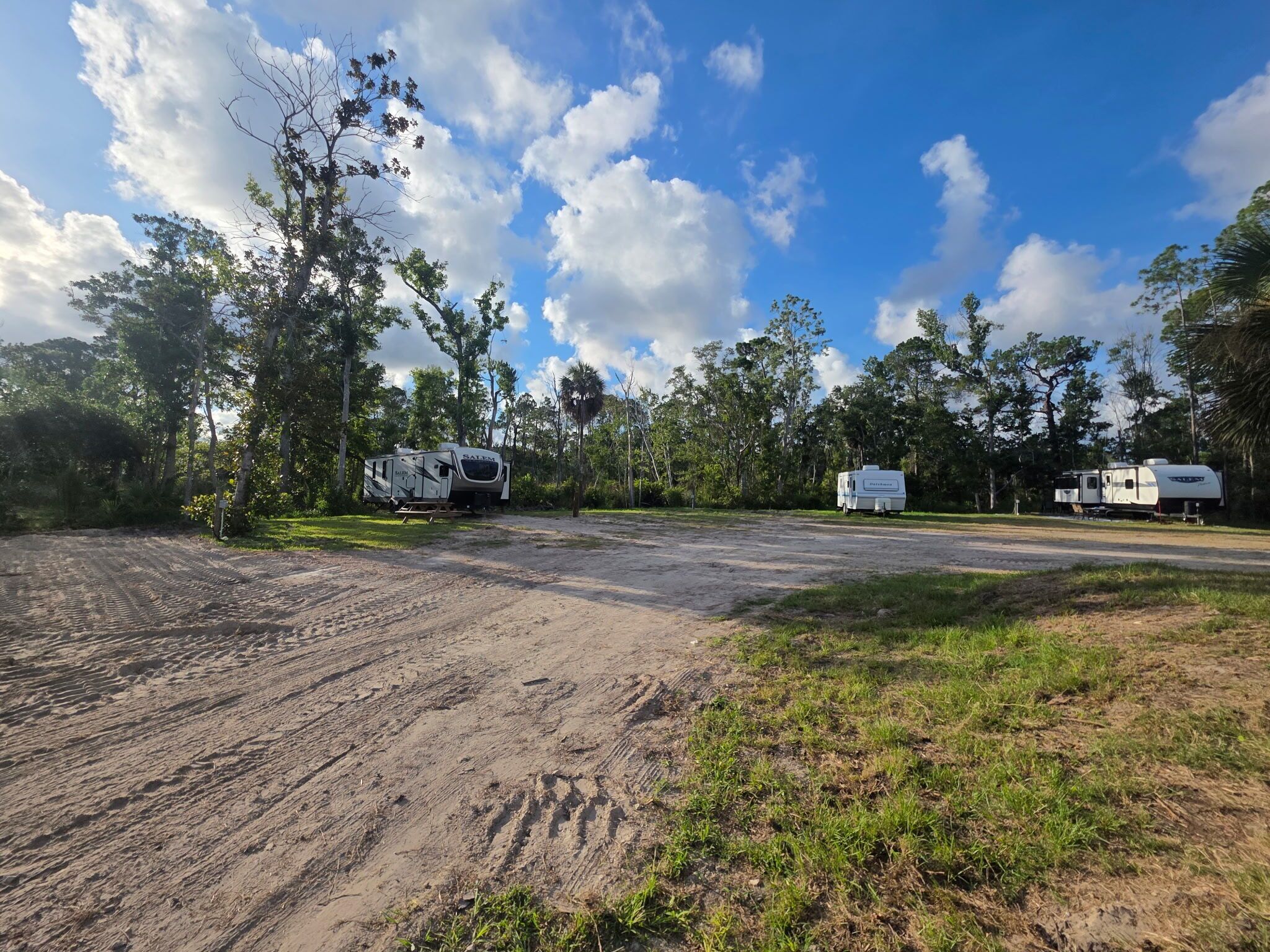 A campground with RVs parked on a dirt road, surrounded by trees and greenery.