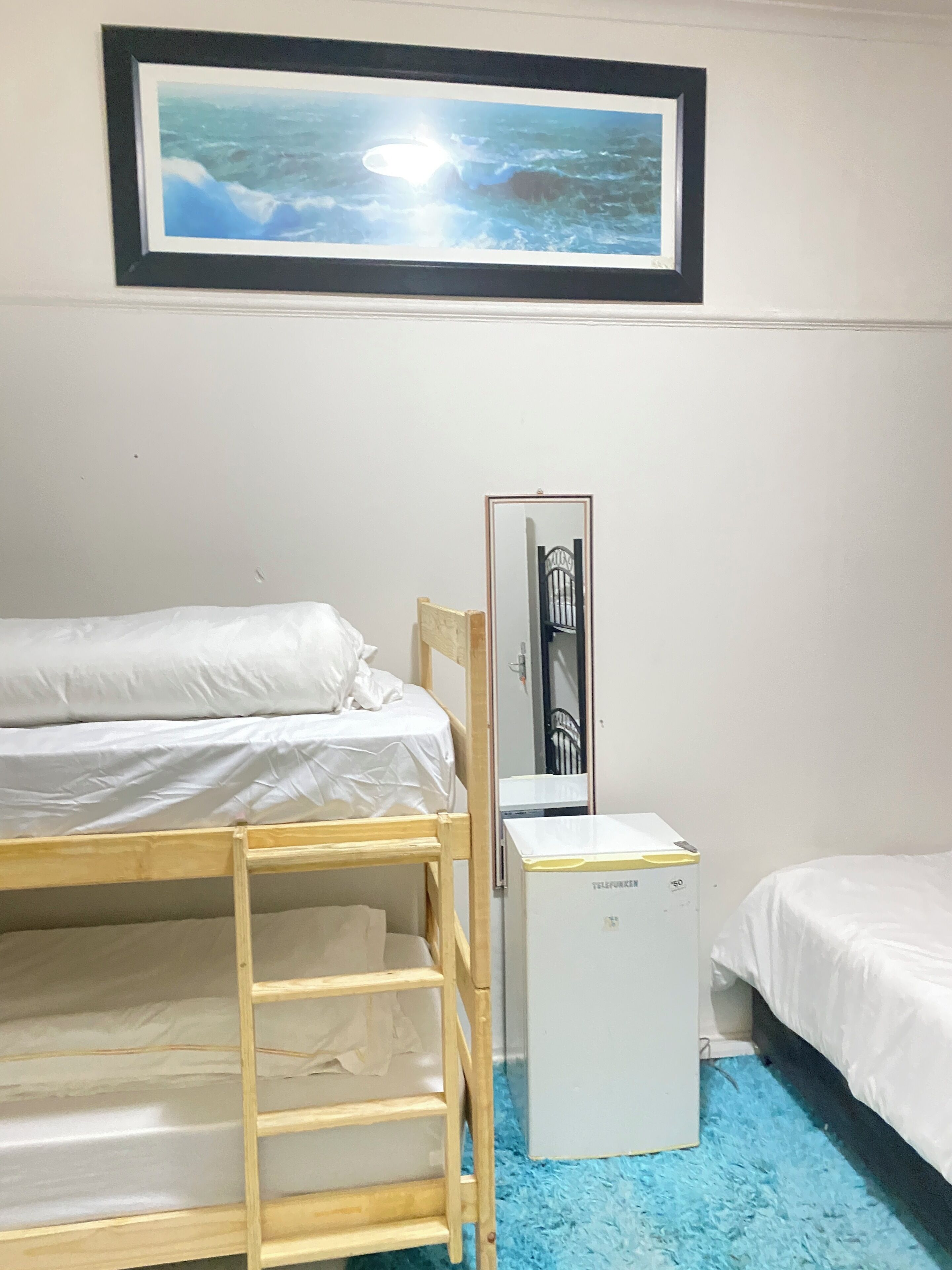 A room with a bunk bed, a small refrigerator, a mirror, and a framed picture on the wall.