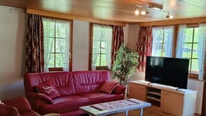 Ein Wohnzimmer mit einem roten Sofa, einem Fernseher, einem Couchtisch und einer Pflanze.