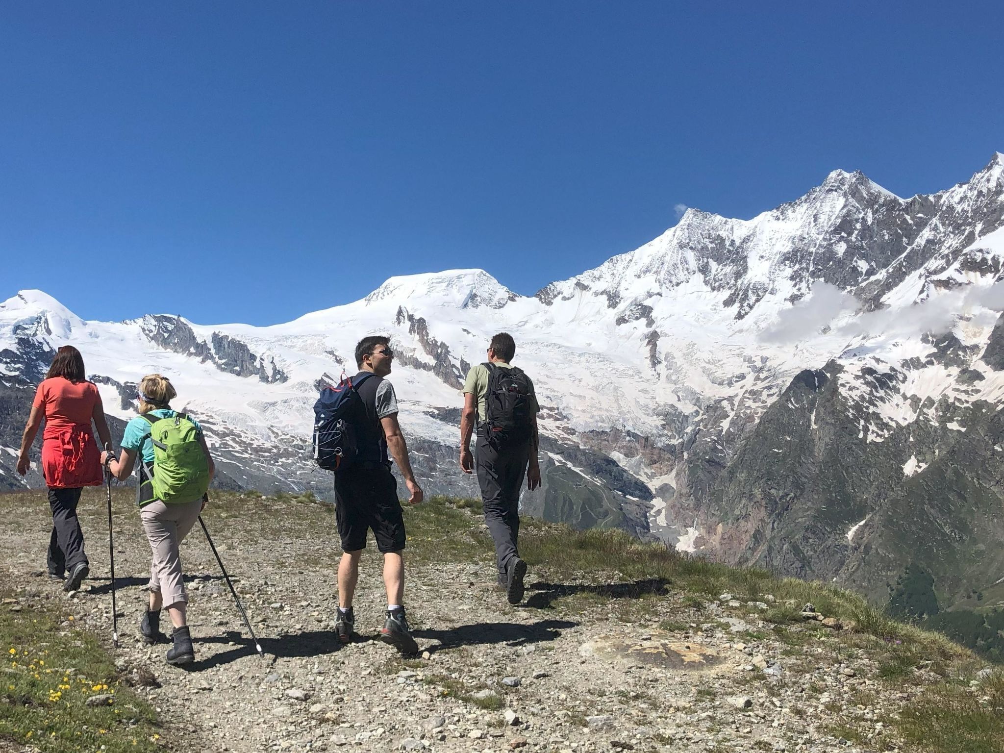 Eine Gruppe Wanderer auf einem felsigen Bergpfad, im Hintergrund schneebedeckte Gipfel.