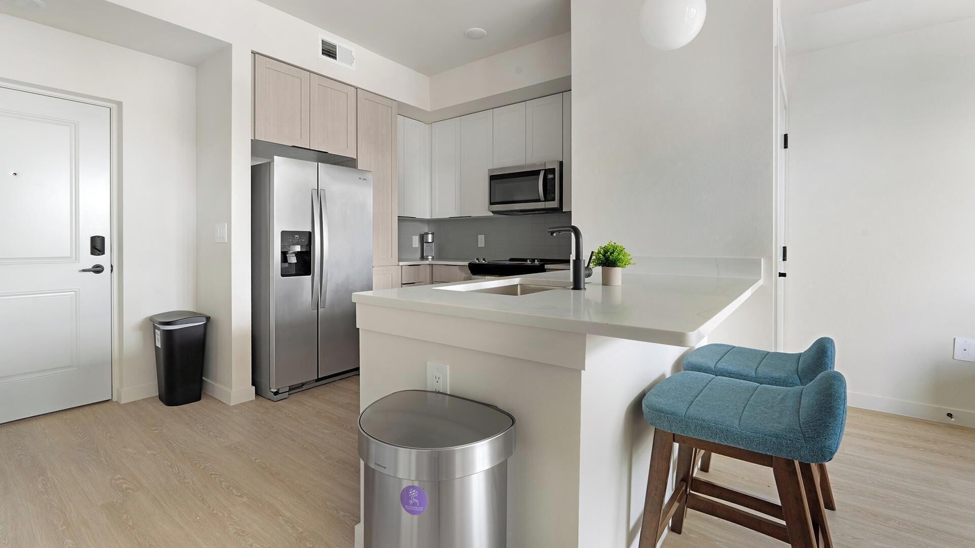 A modern kitchen with a stainless steel refrigerator, microwave, and sink. There is a trash bin and a small potted plant on the counter.