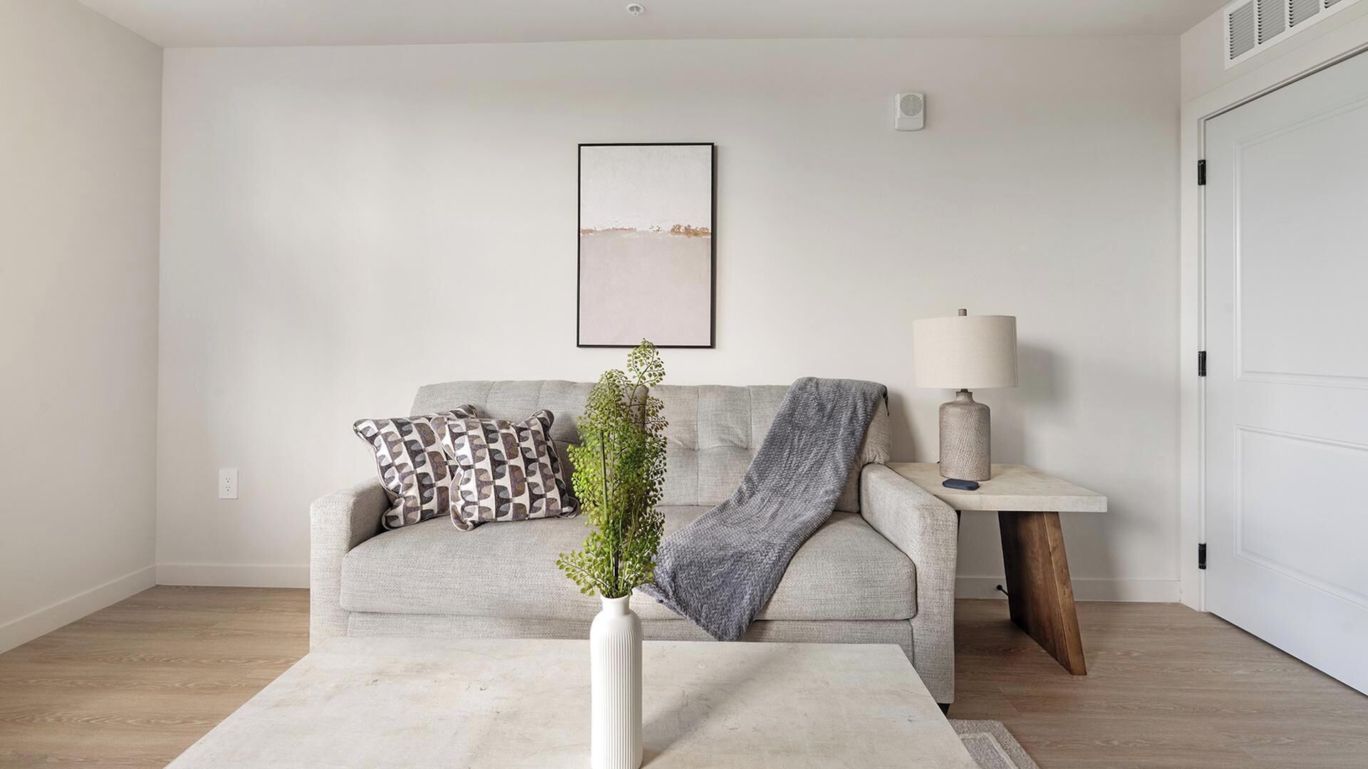 Ein Wohnzimmer mit einer Couch, Kissen, einer Vase mit Grünpflanzen, einer Lampe und einem gerahmten Bild an der Wand.