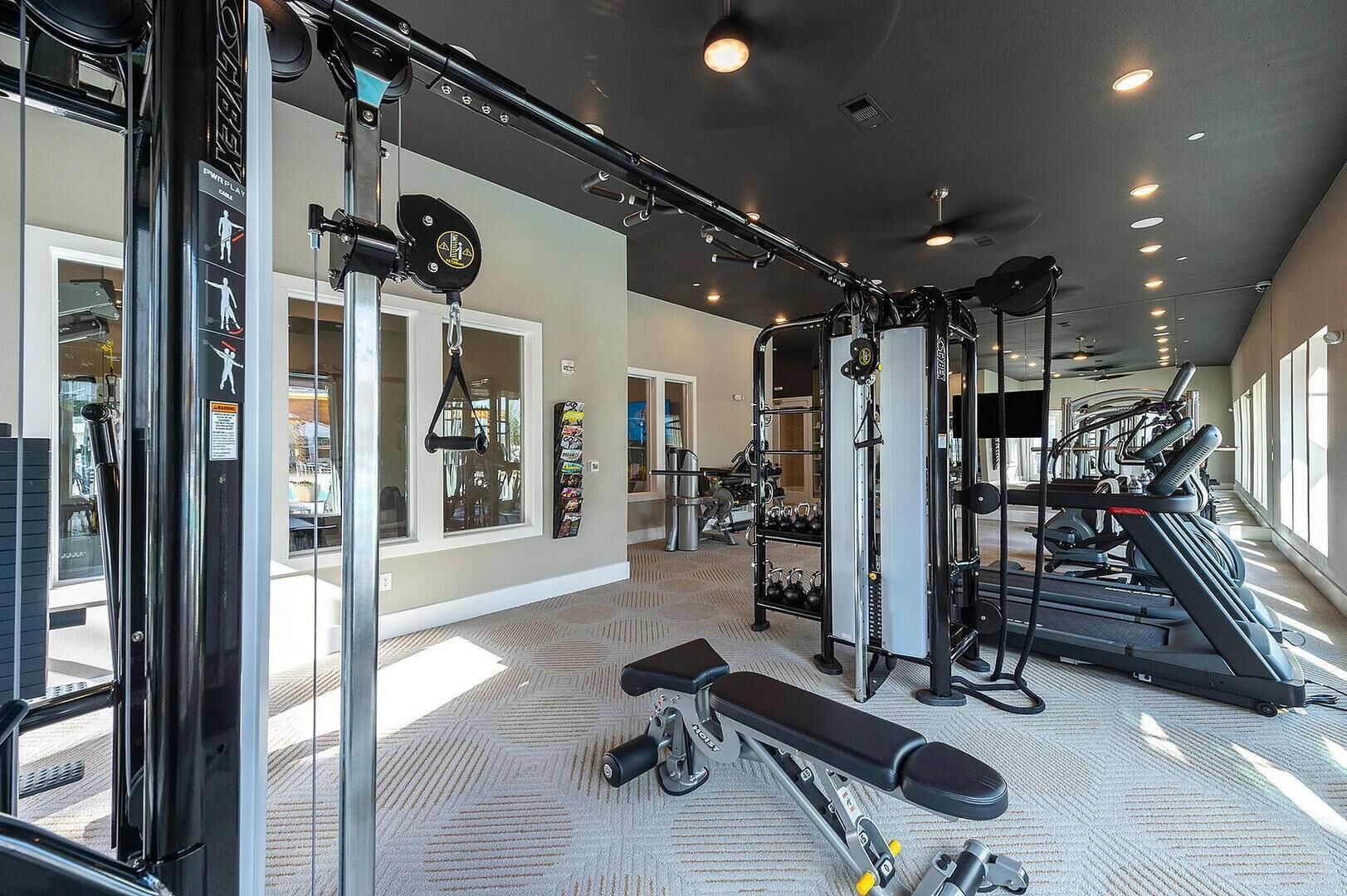A gym with exercise equipment, a bench, and a treadmill.