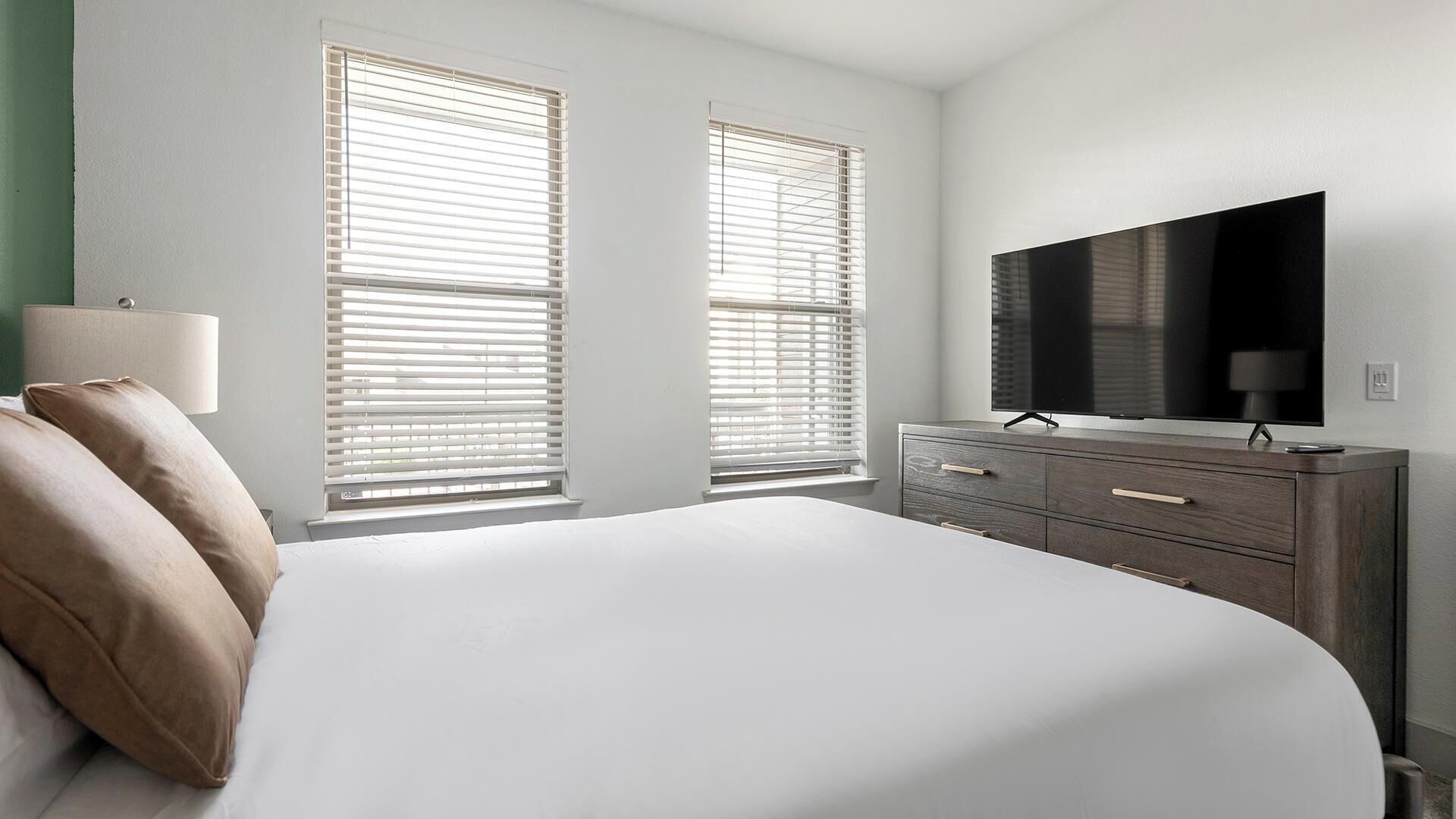 A bedroom with a bed, a dresser, a television, and two windows with blinds.