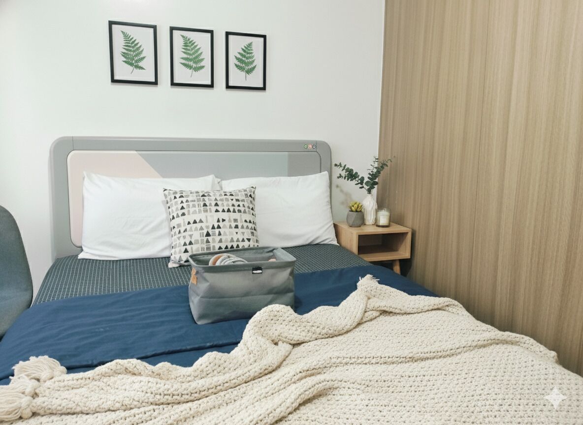 Ein ordentlich bezogenes Bett mit einer blau-weiß gestreiften Tagesdecke, einem grauen Kopfteil und einem grauen Aufbewahrungskorb. Darüber an der Wand befinden sich drei gerahmte Blätter.