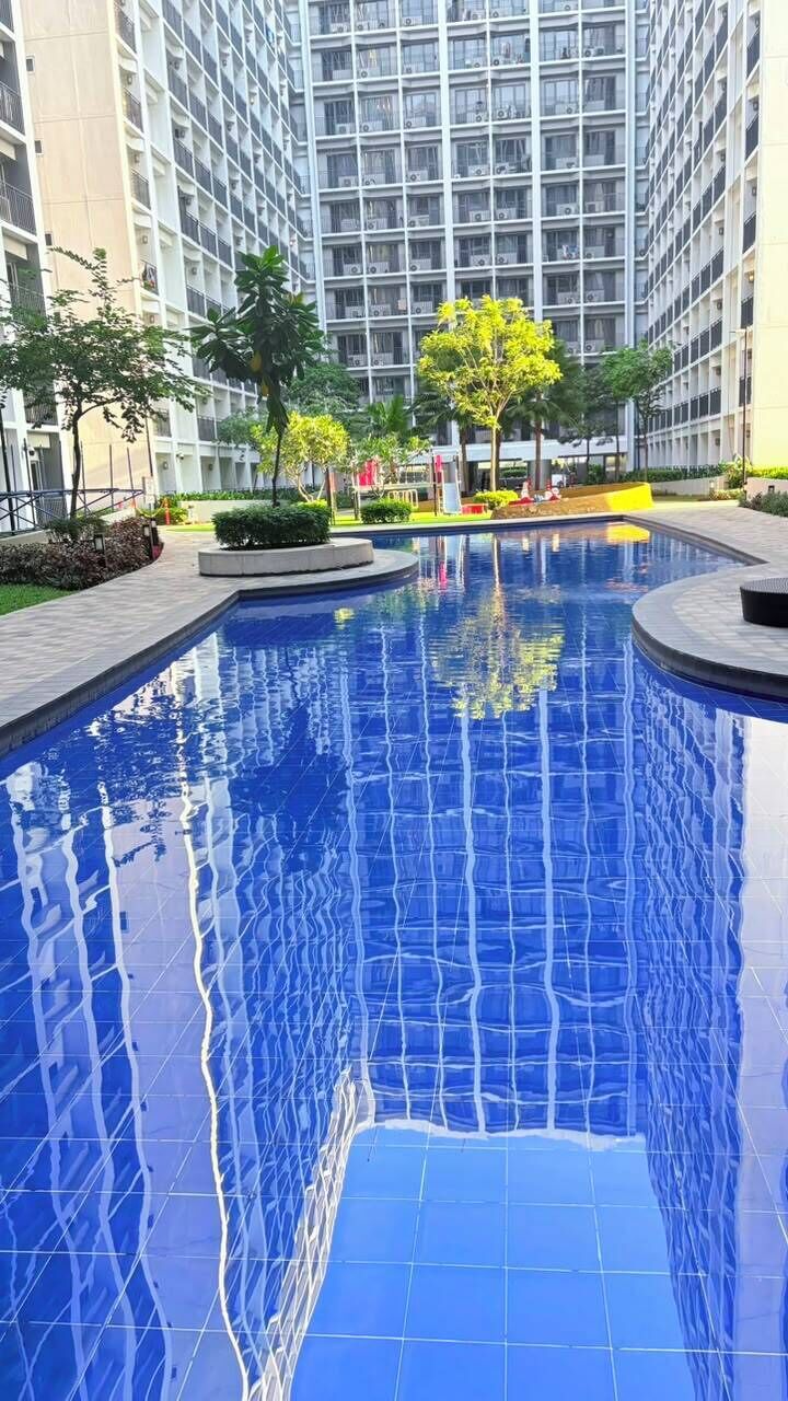 A swimming pool with a tiled edge, surrounded by a landscaped area with trees and a building in the background.