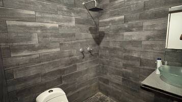 Douche, serviettes fournies, savon, papier de toilette