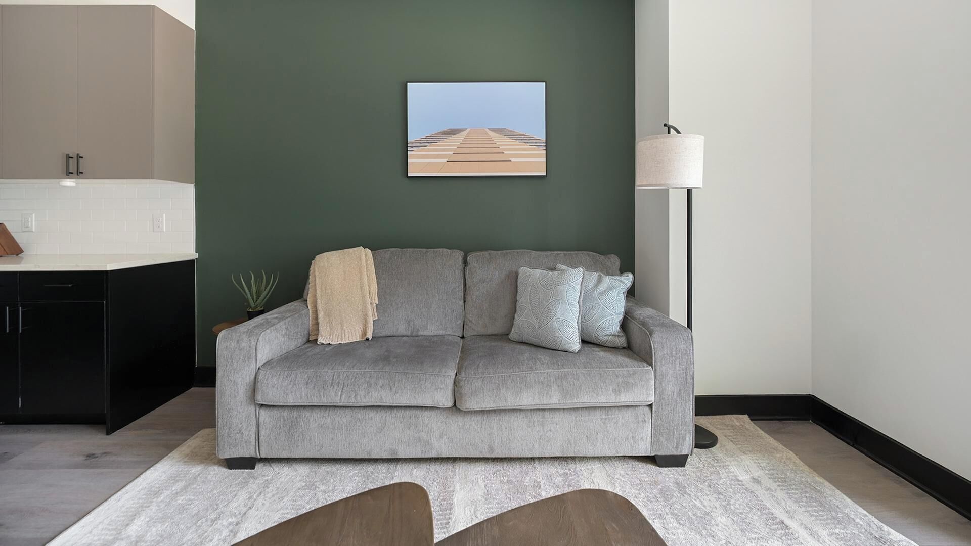 A modern living room with a grey sofa, a small potted plant, and a framed picture on the wall.