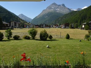 A residential area with houses, a grassy field, and mountains in the background. - Haus Samurai Appartement/Fewo, Dusche, WC, 2 Schlafräume 4-Bettwohnung Nr. 81 by Interhome (Saas-Grund)