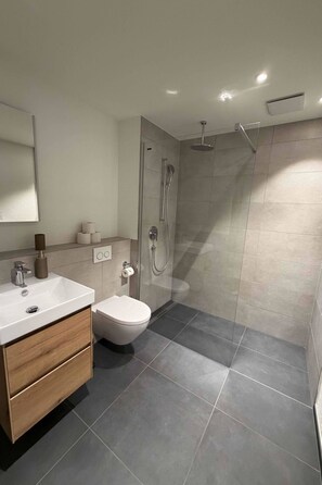 Une salle de bain moderne équipée d’une douche, de toilettes et d’un meuble-lavabo.